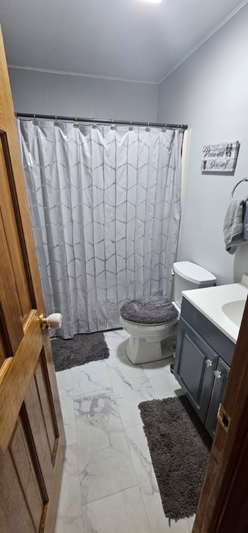 bathroom with crown molding, vanity, and toilet