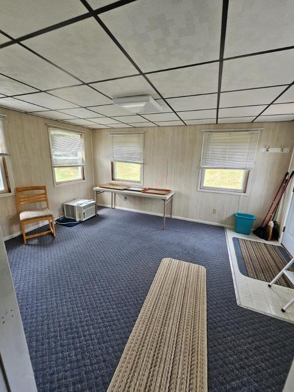 interior space featuring a paneled ceiling, carpet floors, and wood walls