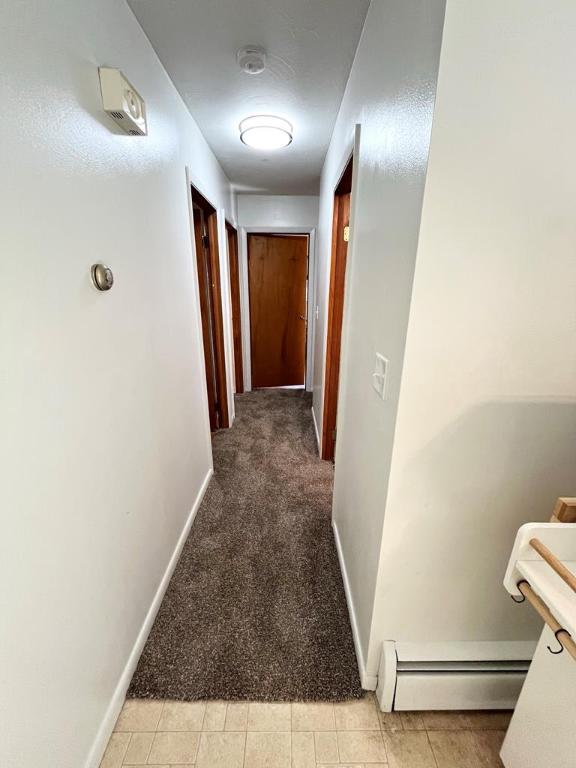 hallway featuring a baseboard radiator and light carpet