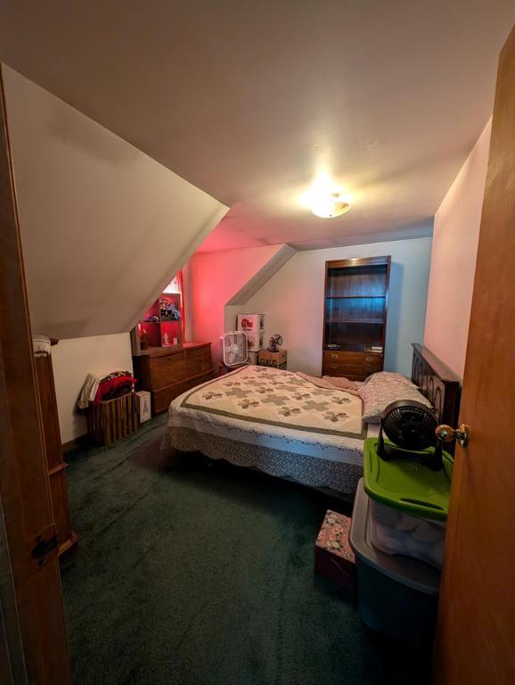 carpeted bedroom featuring vaulted ceiling