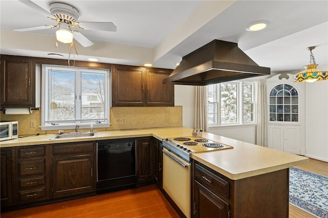 kitchen featuring island exhaust hood, black dishwasher, electric range, and kitchen peninsula