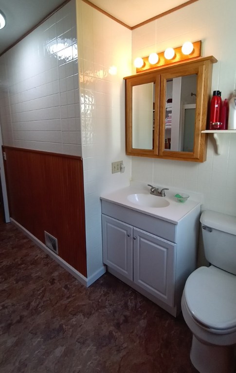 bathroom with vanity, crown molding, and toilet