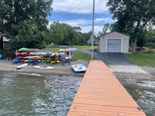 dock area featuring a water view and a lawn