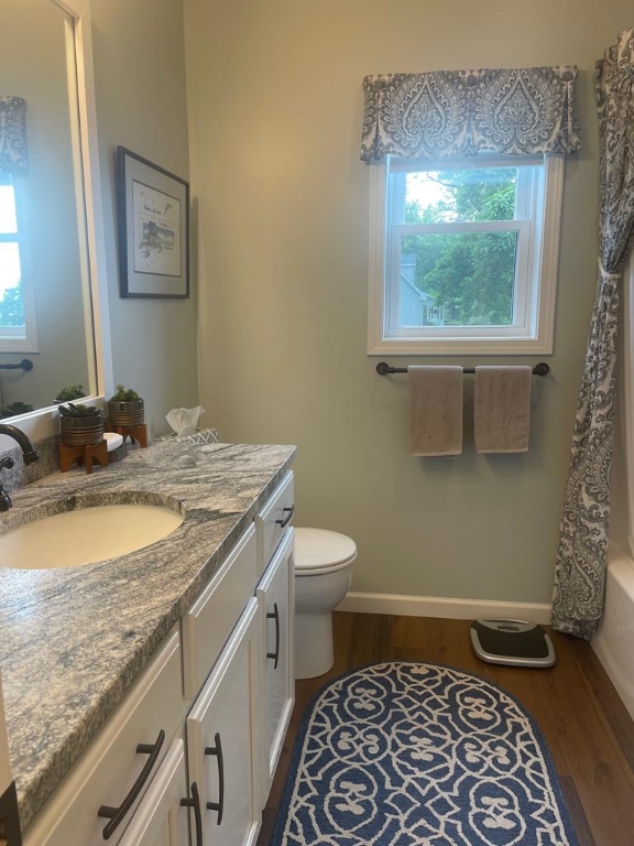 full bathroom featuring vanity, wood-type flooring, toilet, and shower / bath combo with shower curtain