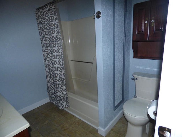 full bathroom with vanity, toilet, and shower / bath combo with shower curtain