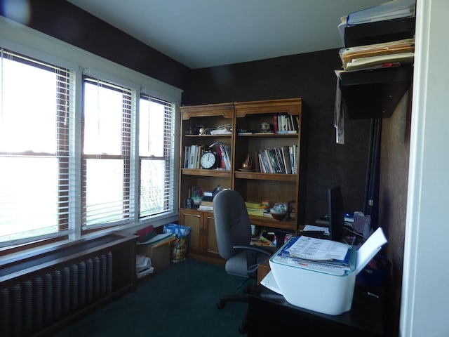 office area featuring radiator and dark carpet