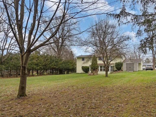 view of yard with a storage shed