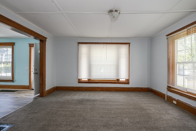 carpeted empty room featuring crown molding