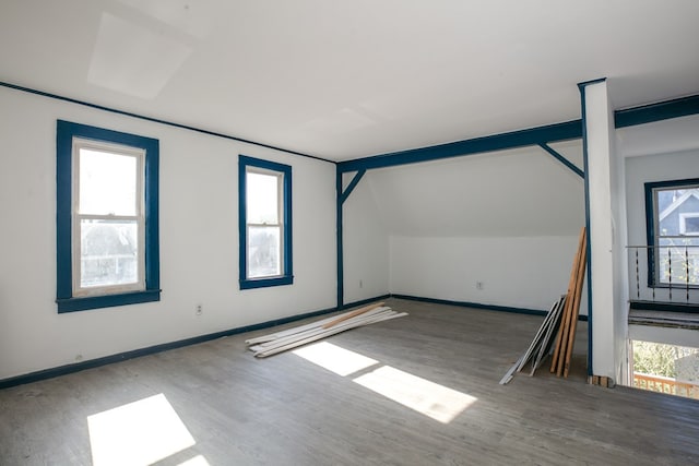 spare room with hardwood / wood-style flooring and vaulted ceiling