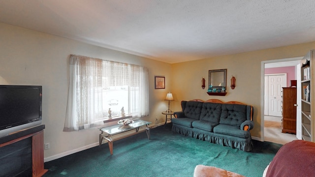 living room with carpet and a textured ceiling