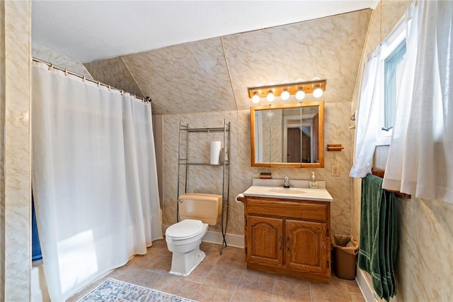 full bathroom featuring vanity, vaulted ceiling, shower / bath combination with curtain, and toilet