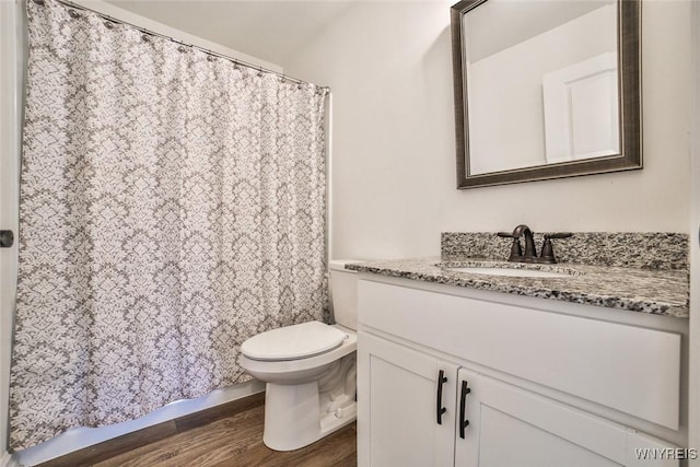 bathroom with vanity, wood-type flooring, and toilet