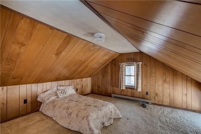 bedroom with baseboard heating, ceiling fan, wood ceiling, and light carpet