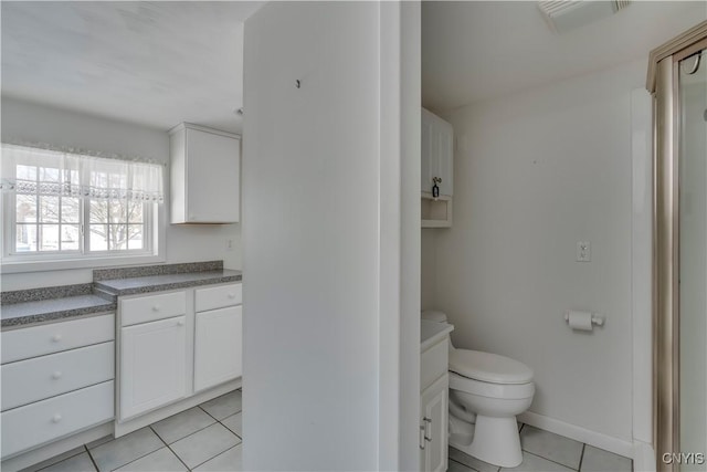 bathroom featuring vanity, toilet, and tile patterned flooring