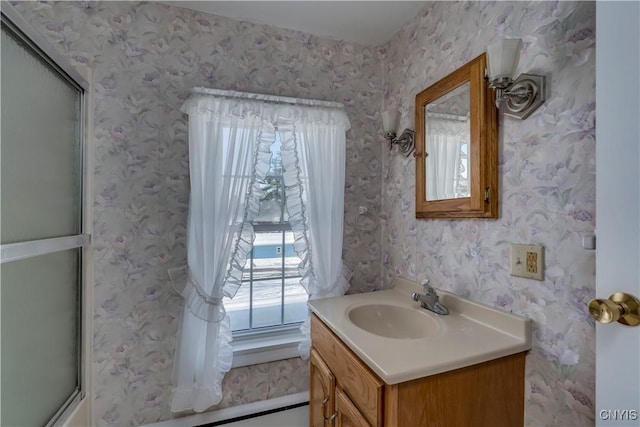 bathroom with vanity and walk in shower