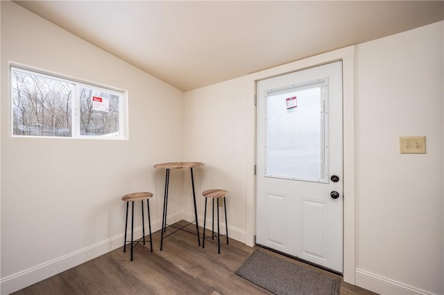 foyer with wood-type flooring and lofted ceiling