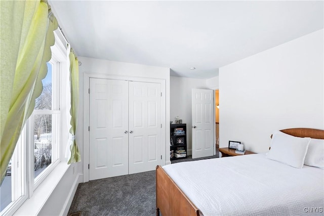 bedroom with carpet flooring and a closet