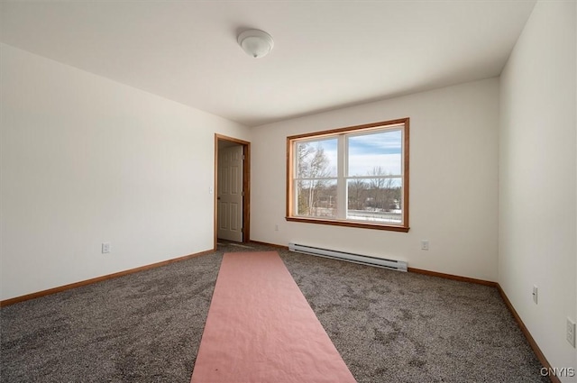 carpeted empty room with baseboard heating