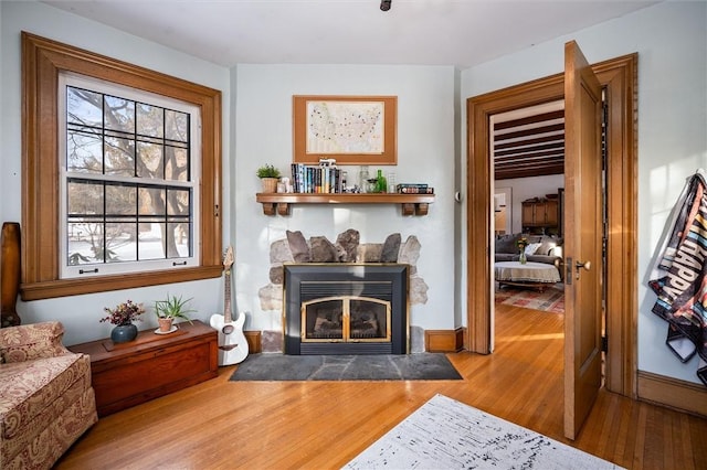 living area featuring hardwood / wood-style flooring and a stone fireplace