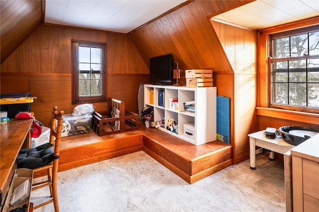 recreation room featuring wooden walls and vaulted ceiling