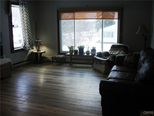 living room with wood-type flooring and baseboard heating