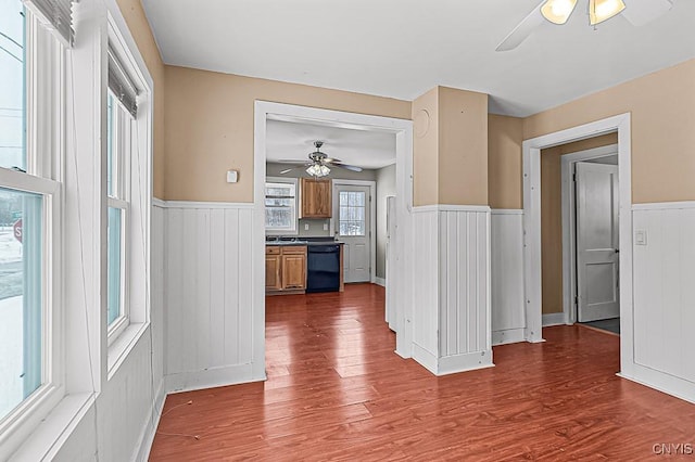 interior space featuring hardwood / wood-style flooring, ceiling fan, dishwasher, and sink