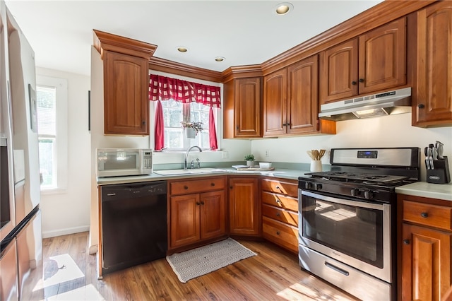 kitchen featuring stainless steel appliances, plenty of natural light, sink, and light wood-type flooring