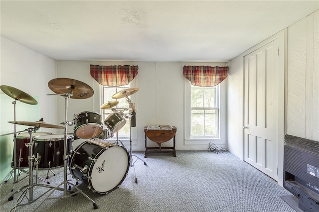 miscellaneous room with heating unit and carpet floors