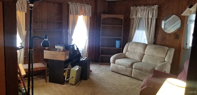 living area with carpet flooring and wood walls