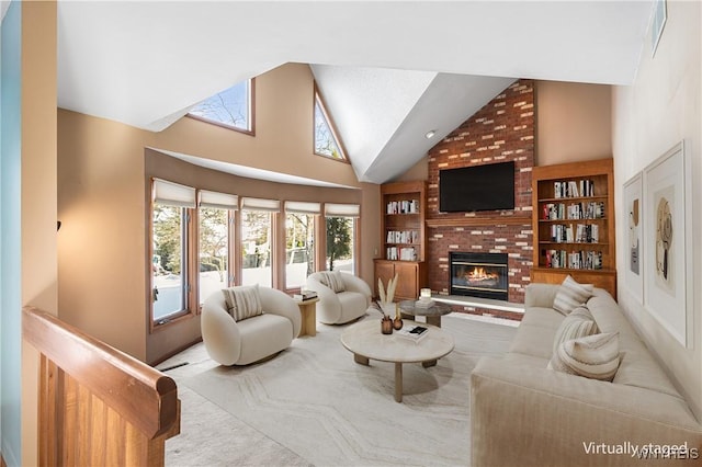 living room with a fireplace, high vaulted ceiling, and built in features