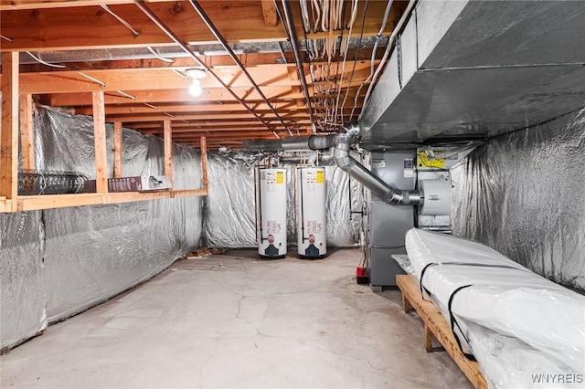 basement featuring heating unit and gas water heater