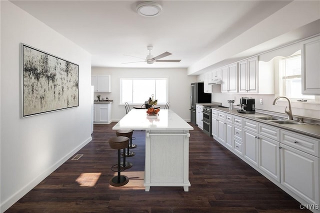 kitchen featuring a center island, a sink, ceiling fan, a breakfast bar, and appliances with stainless steel finishes