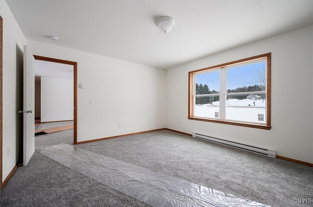 carpeted empty room featuring a baseboard radiator