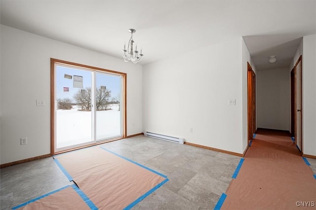 empty room with baseboard heating and a notable chandelier