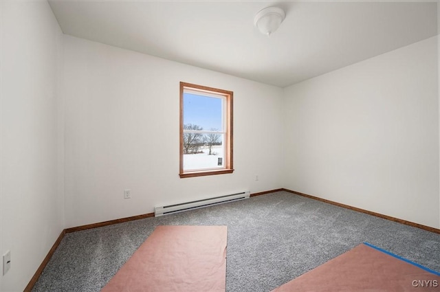 empty room featuring baseboard heating and carpet