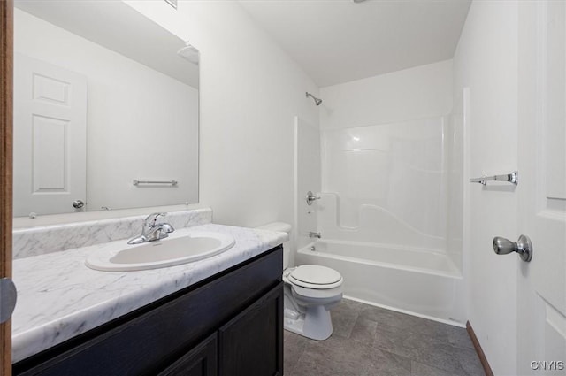 full bathroom with vanity, toilet, and washtub / shower combination