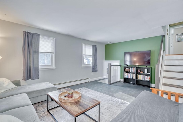 living room featuring a baseboard radiator and concrete flooring