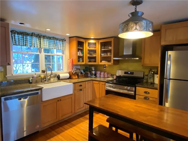 kitchen with decorative light fixtures, sink, wall chimney exhaust hood, stainless steel appliances, and light hardwood / wood-style flooring