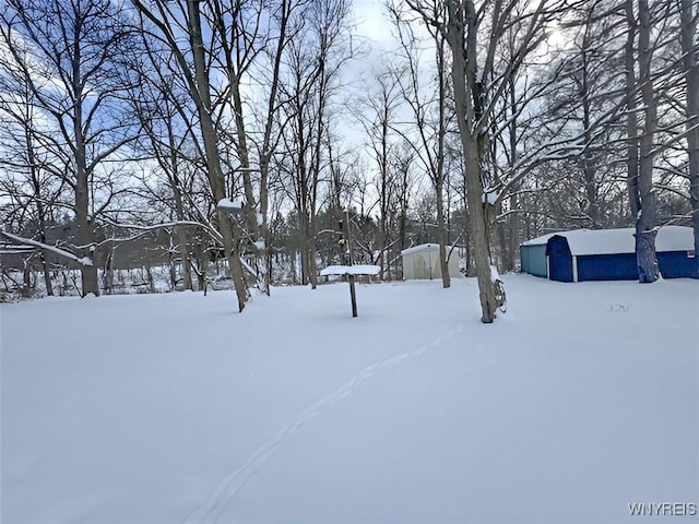 yard covered in snow featuring a garage