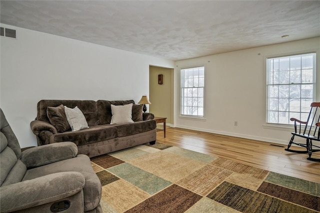 living room with plenty of natural light and light hardwood / wood-style floors