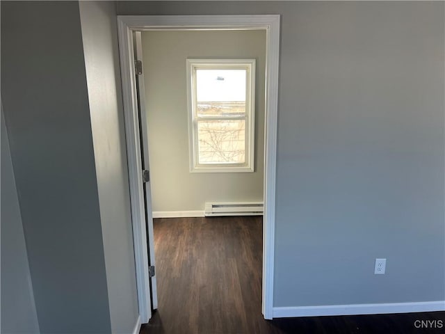 corridor featuring dark hardwood / wood-style flooring and a baseboard radiator