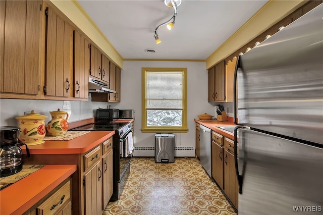 kitchen with a baseboard heating unit, crown molding, and appliances with stainless steel finishes