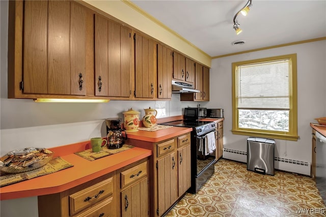 kitchen with ornamental molding, a baseboard heating unit, and black appliances