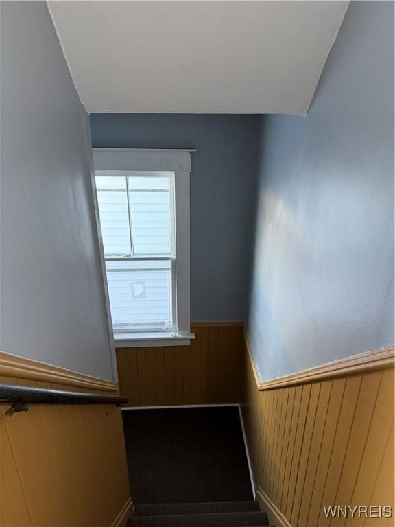 staircase featuring wooden walls