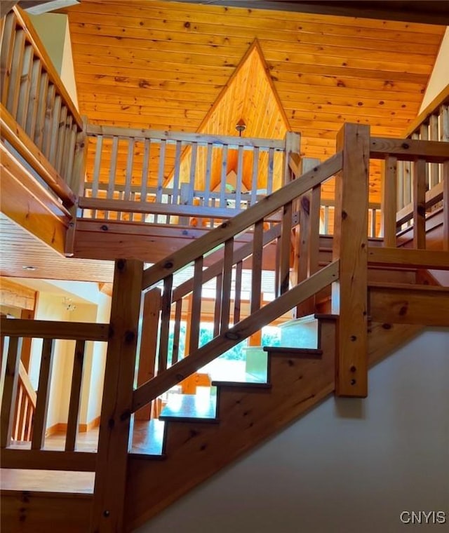 stairway featuring high vaulted ceiling, wood ceiling, and wood walls