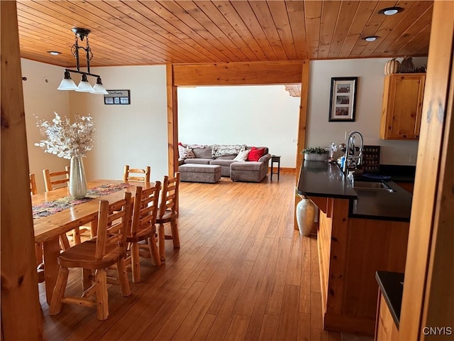 dining area with sink, wooden ceiling, and light wood-type flooring