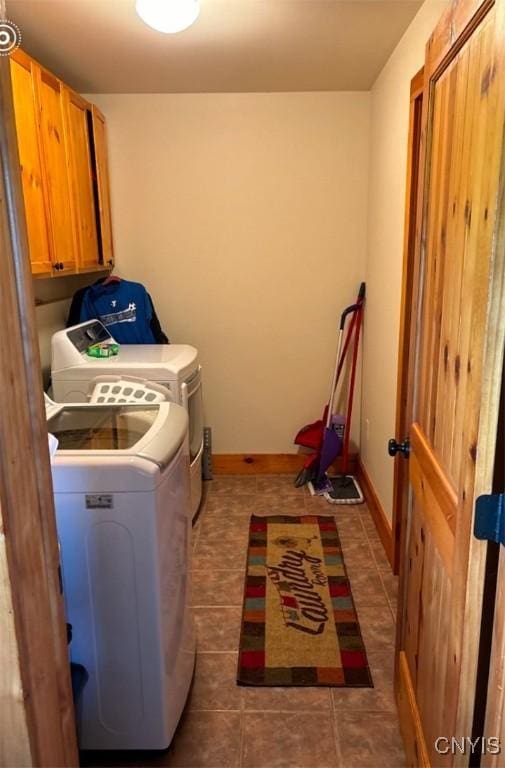 washroom featuring washer and clothes dryer, cabinets, and dark tile patterned floors