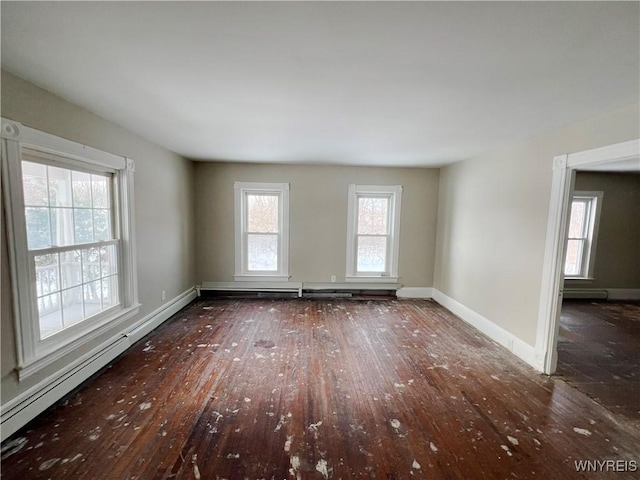 empty room featuring a baseboard radiator, plenty of natural light, and dark wood-type flooring