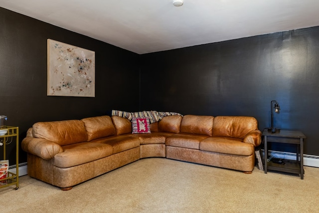 living room featuring light colored carpet and baseboard heating