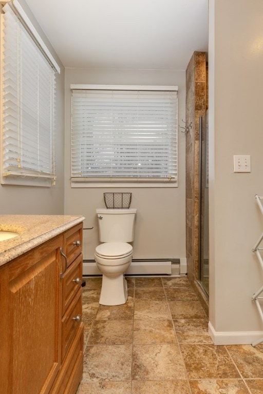 bathroom with toilet, vanity, walk in shower, and baseboard heating